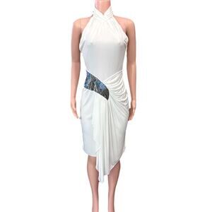 Vintage Casadei White Halter Dress Ruched Waist Peacock Accent Stretchy S/M